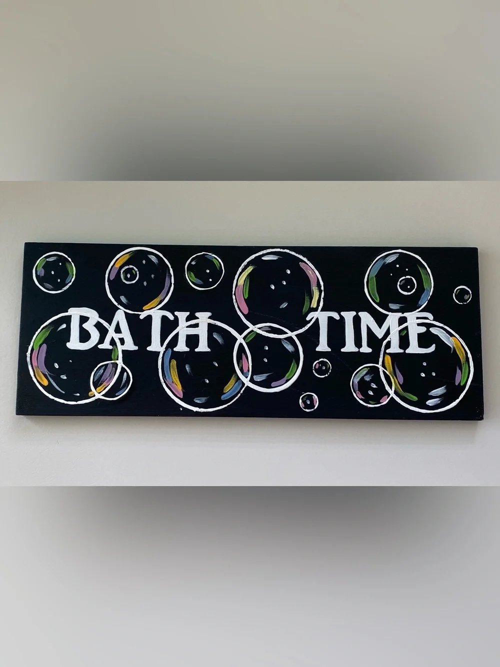Bath Time Wall Art Sign - Black with Colorful Bubbles